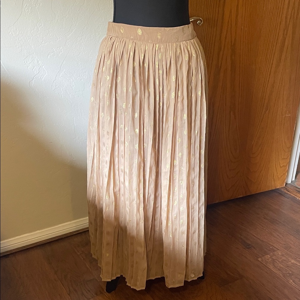 Her Destiny Pleated Beige Midi Skirt with Gold Accents Medium
